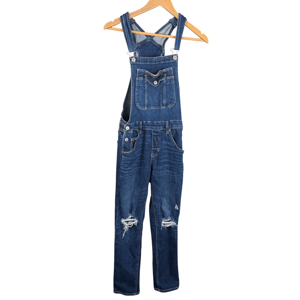 American Eagle Distressed Denim Overalls Dark Wash Slim Leg Size Small